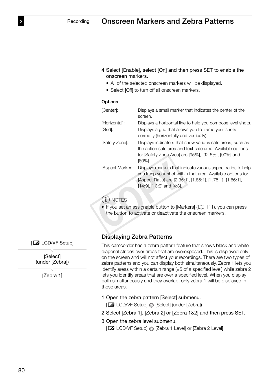 Displaying zebra patterns 80, Cop y | Canon XF305 User Manual | Page 80 / 206