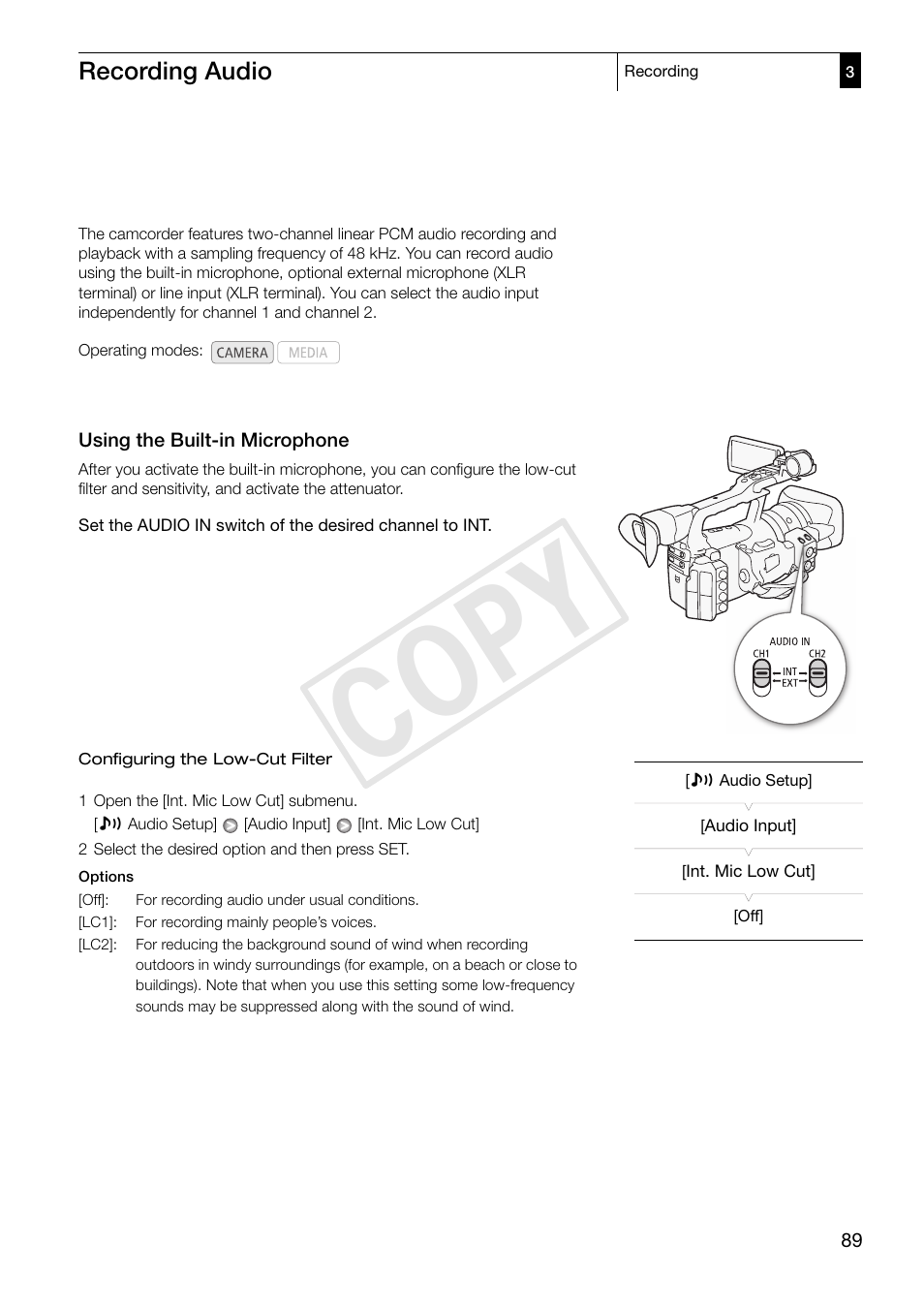 Recording audio 89, Using the built-in microphone 89, Cop y | Canon XF305 User Manual | Page 89 / 206