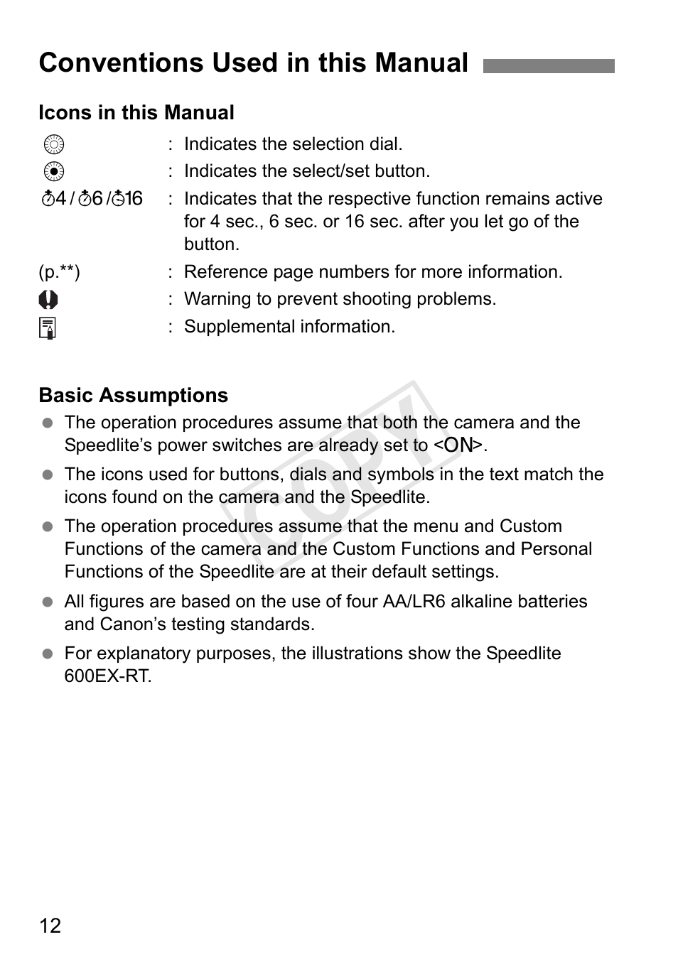 Cop y, Conventions used in this manual | Canon Speedlite 600EX-RT User Manual | Page 14 / 372