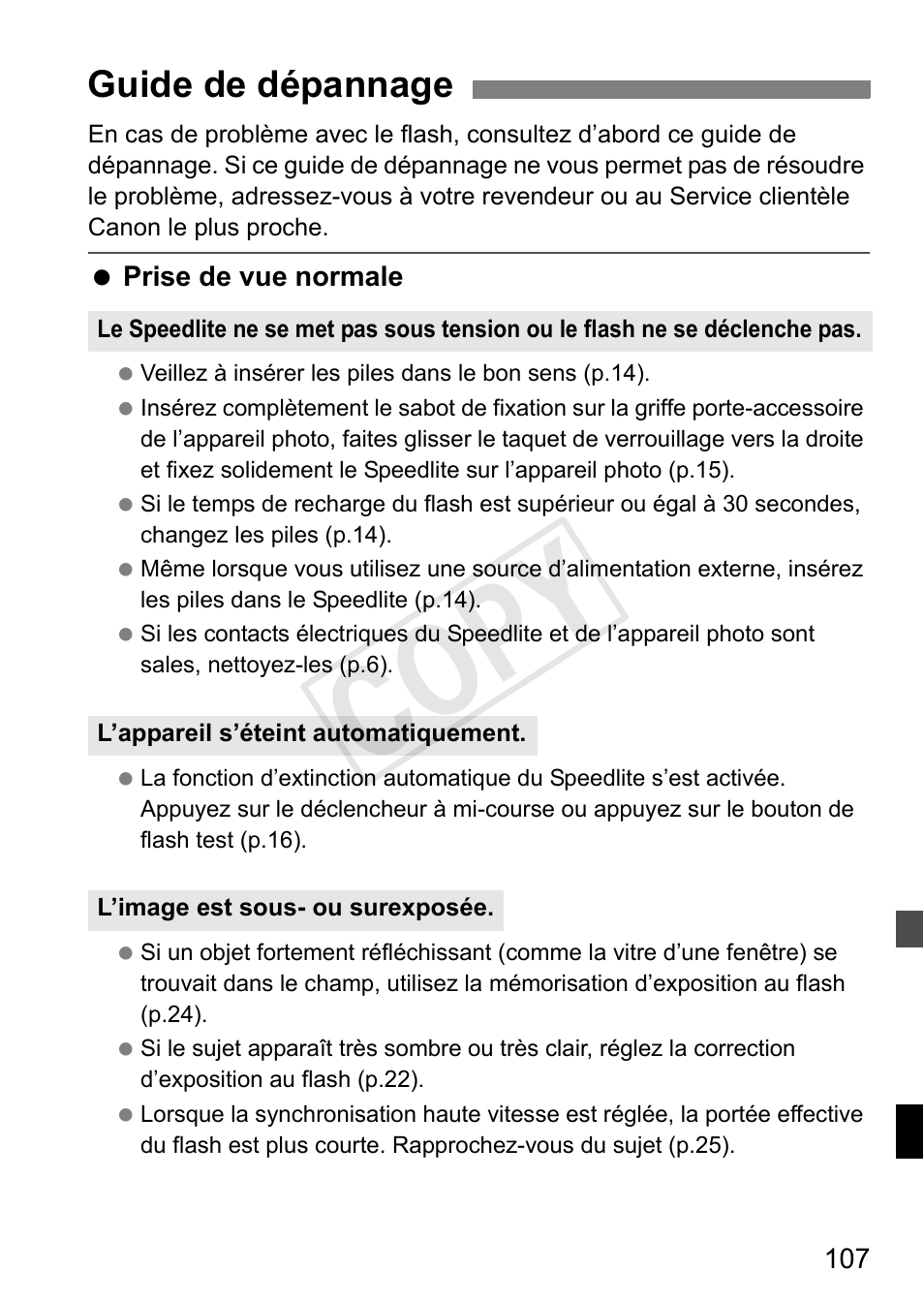 Cop y, Guide de dépannage | Canon Speedlite 600EX-RT User Manual | Page 231 / 372