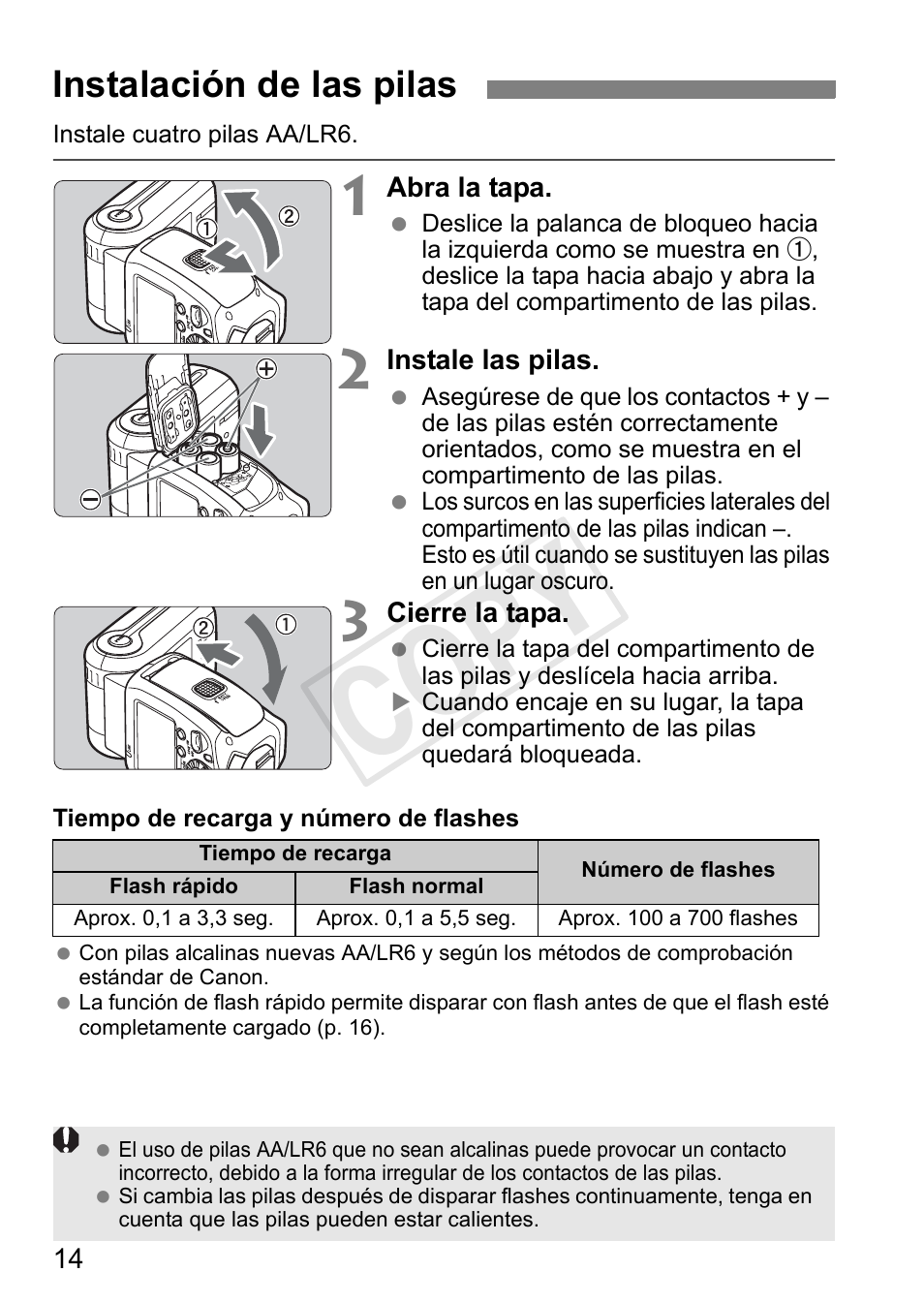 Cop y, Instalación de las pilas | Canon Speedlite 600EX-RT User Manual | Page 260 / 372