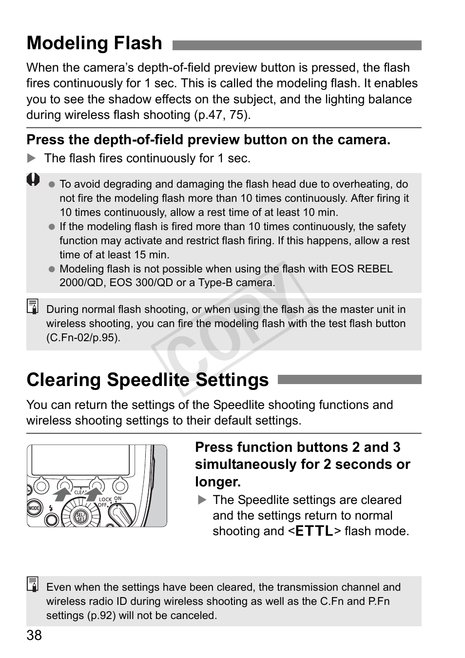 Cop y, Modeling flash clearing speedlite settings | Canon Speedlite 600EX-RT User Manual | Page 40 / 372