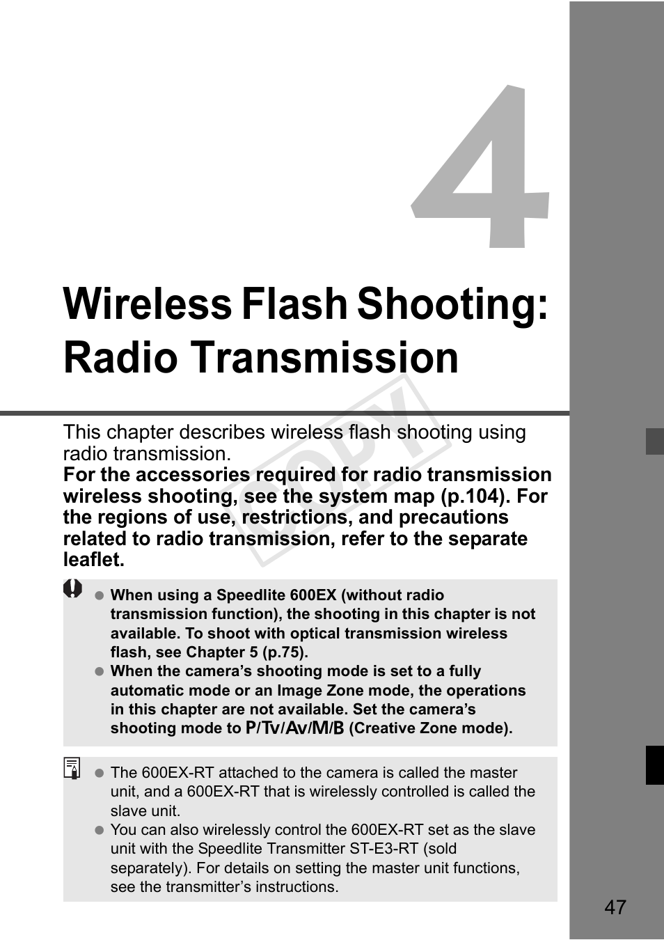 Cop y, Wireless flash shooting: radio transmission | Canon Speedlite 600EX-RT User Manual | Page 49 / 372