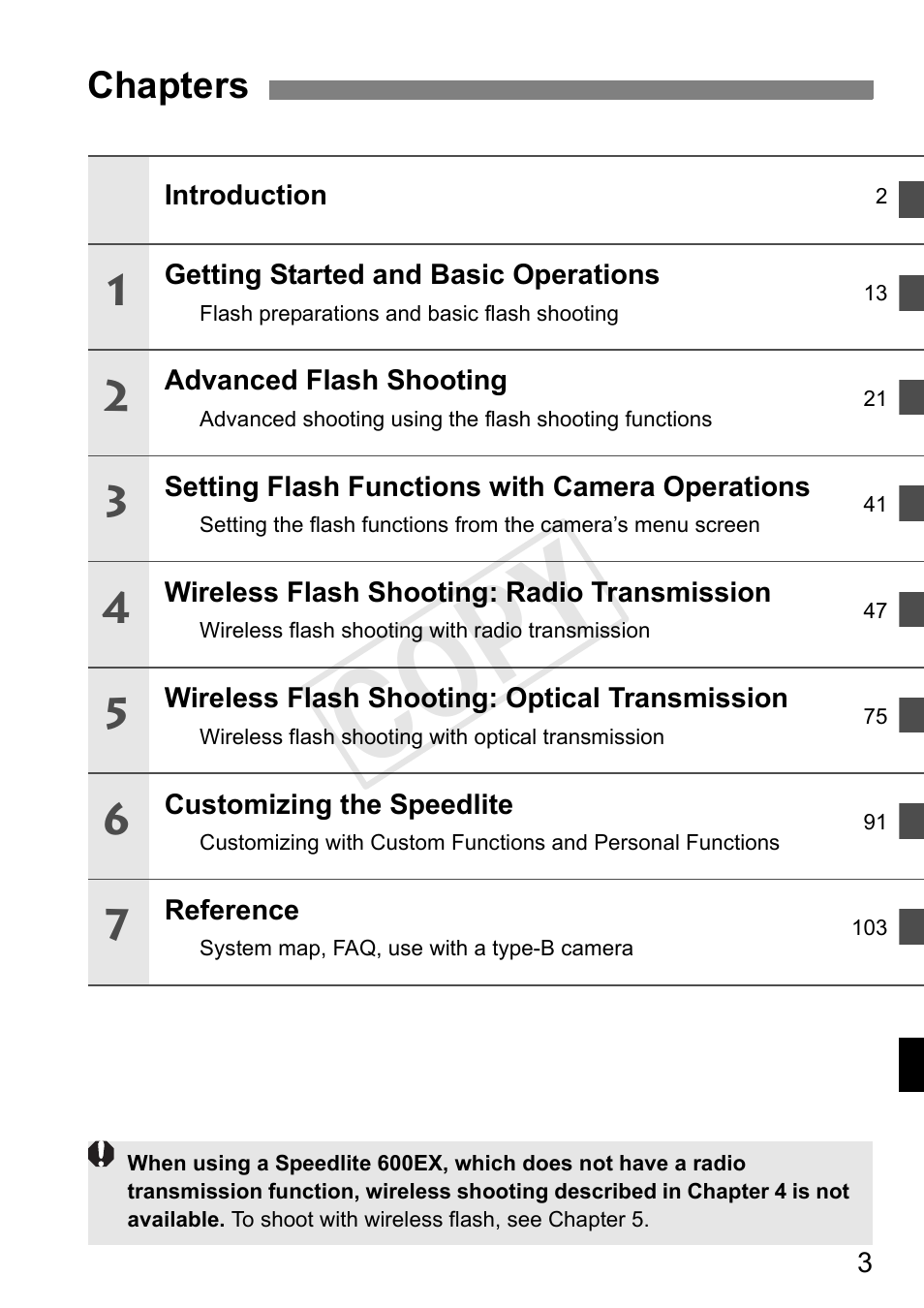 Cop y, Chapters | Canon Speedlite 600EX-RT User Manual | Page 5 / 372
