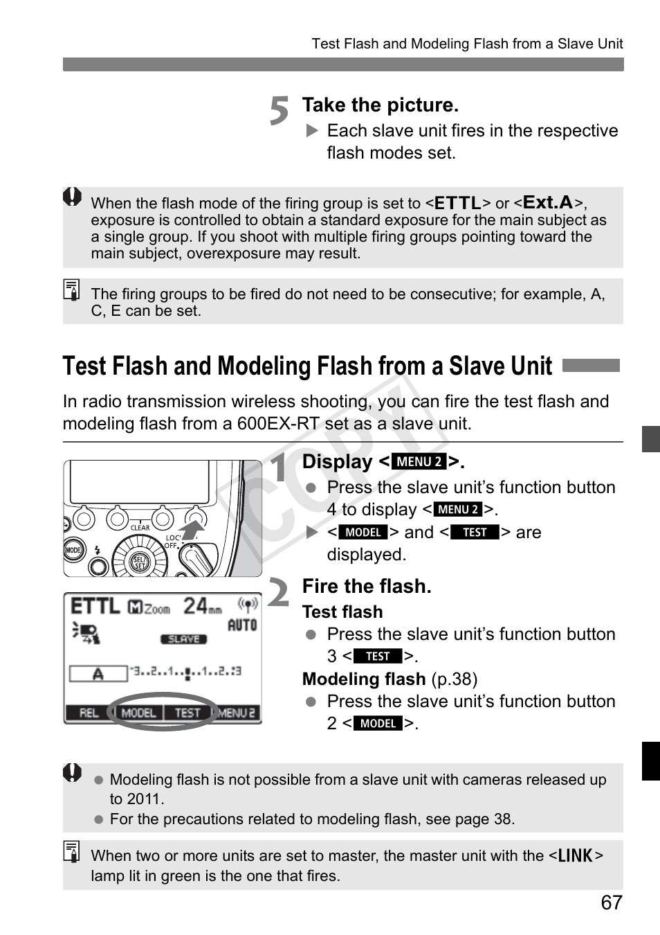 Cop y, Test flash and modeling flash from a slave unit | Canon Speedlite 600EX-RT User Manual | Page 69 / 372