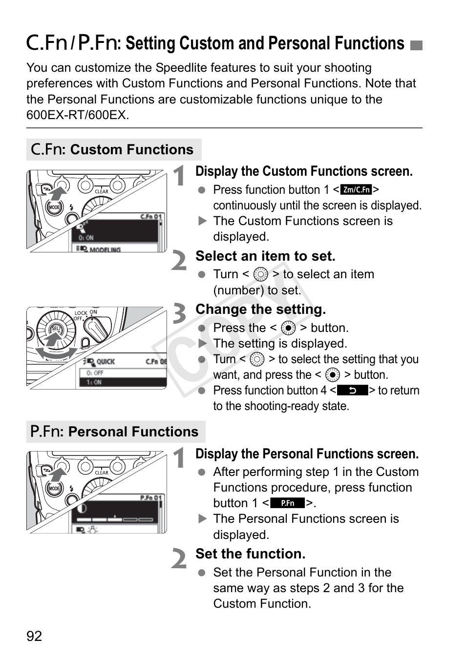 Cop y, C / > : setting custom and personal functions | Canon Speedlite 600EX-RT User Manual | Page 94 / 372