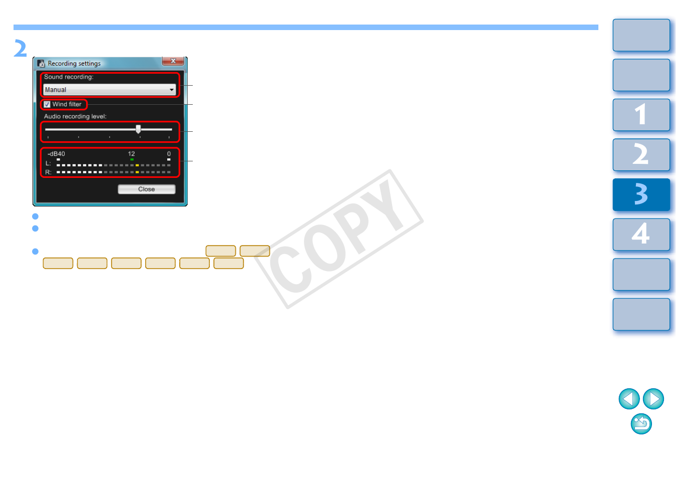 Audio recording/audio recording level, Wind filter function, Cop y | Canon EOS 1200D User Manual | Page 53 / 111
