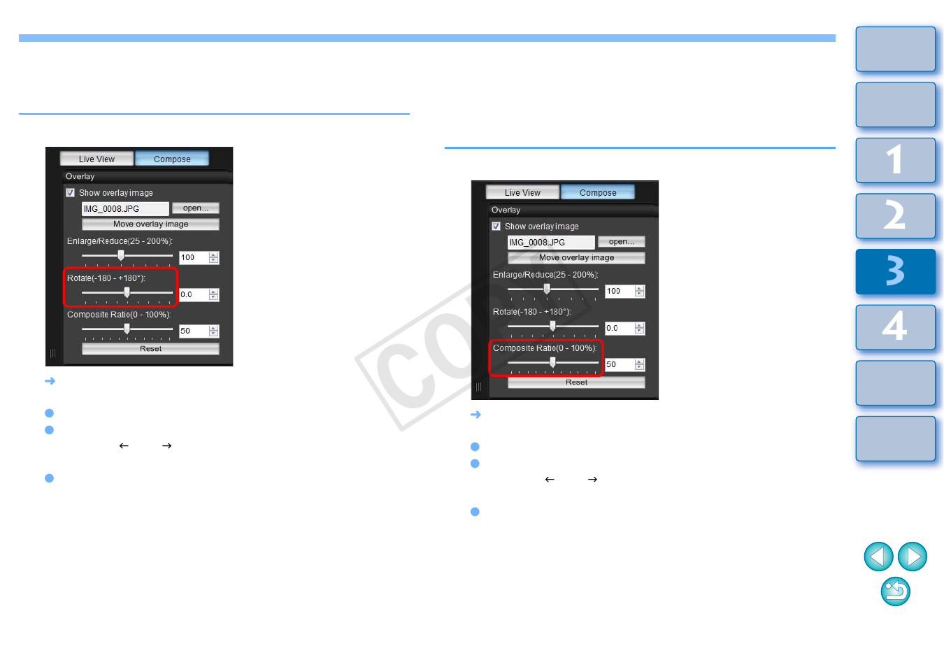 Rotating an overlay image, Setting the composite ratio of an overlay image, P.55) | Cop y | Canon EOS 1200D User Manual | Page 56 / 111