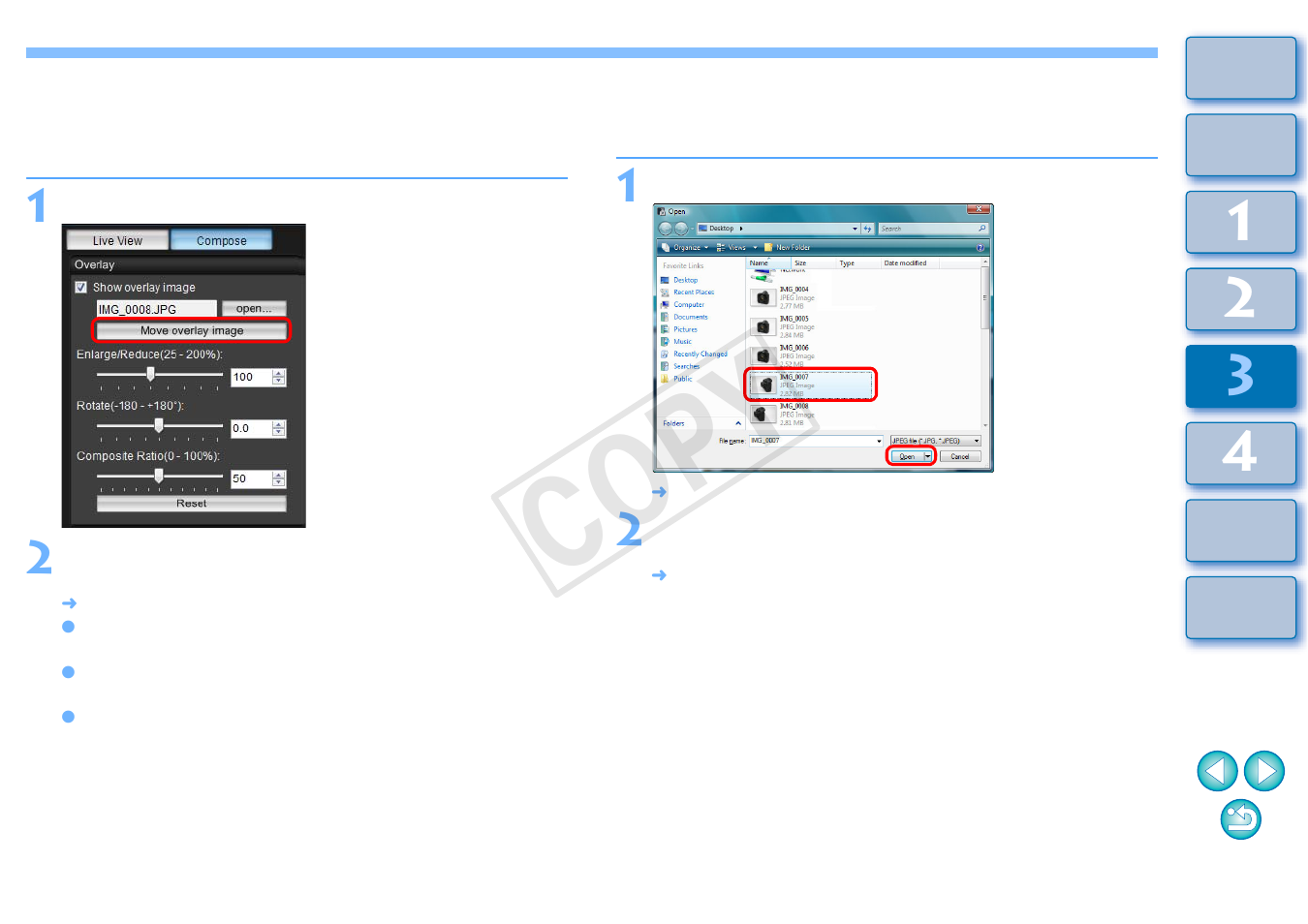 Moving an overlay image, Displaying a different overlay image, Cop y | Canon EOS 1200D User Manual | Page 57 / 111