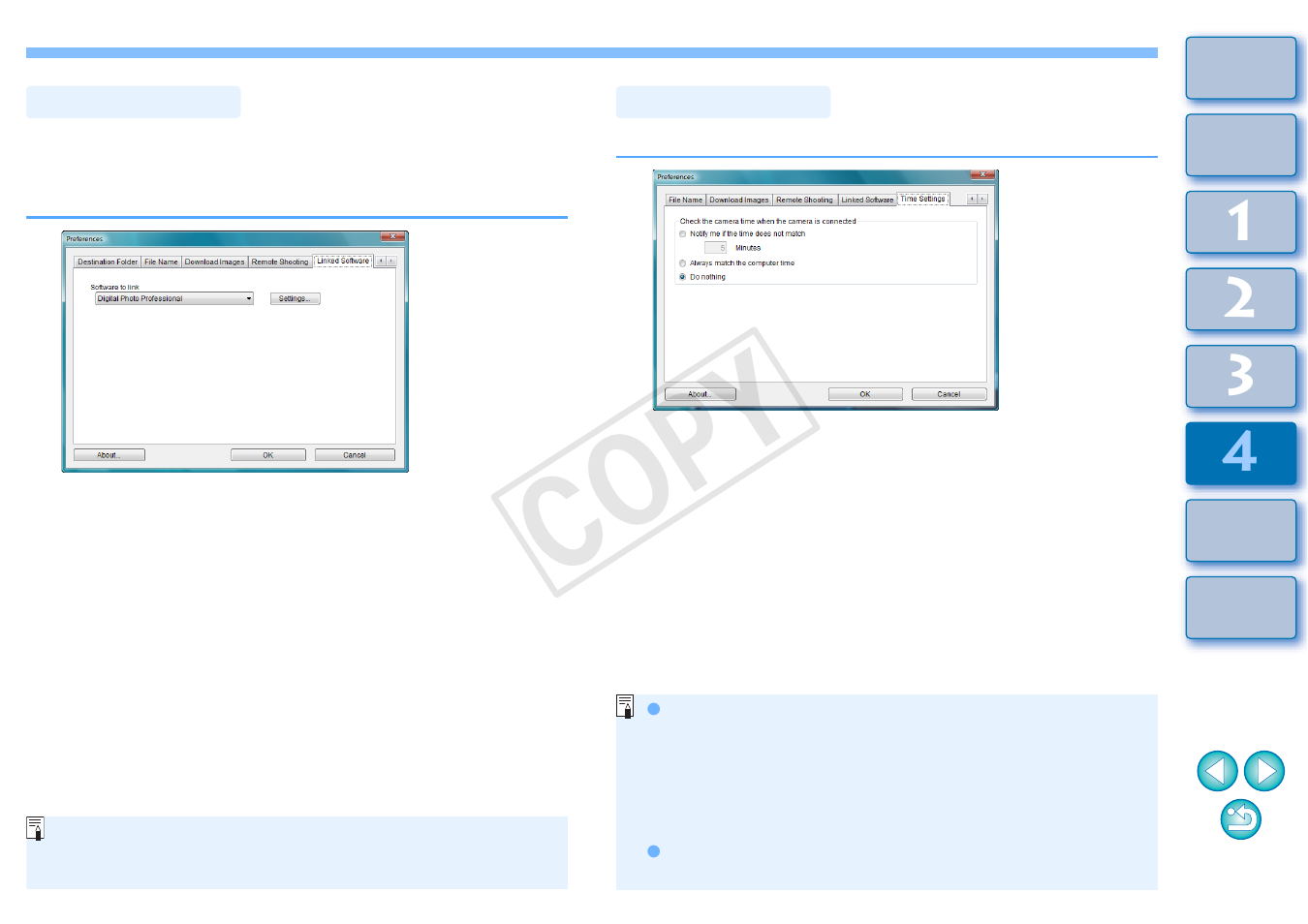 P.86), Linked software, Time settings | Cop y | Canon EOS 1200D User Manual | Page 87 / 111