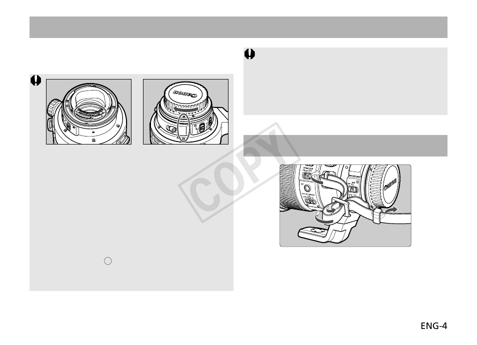 Cop y, Attaching the strap, Mounting and detaching the lens | Canon EF 200mm f2L IS USM User Manual | Page 5 / 17