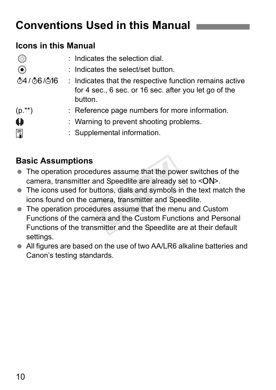 Cop y, Conventions used in this manual | Canon Speedlite Transmitter ST-E3-RT User Manual | Page 12 / 220