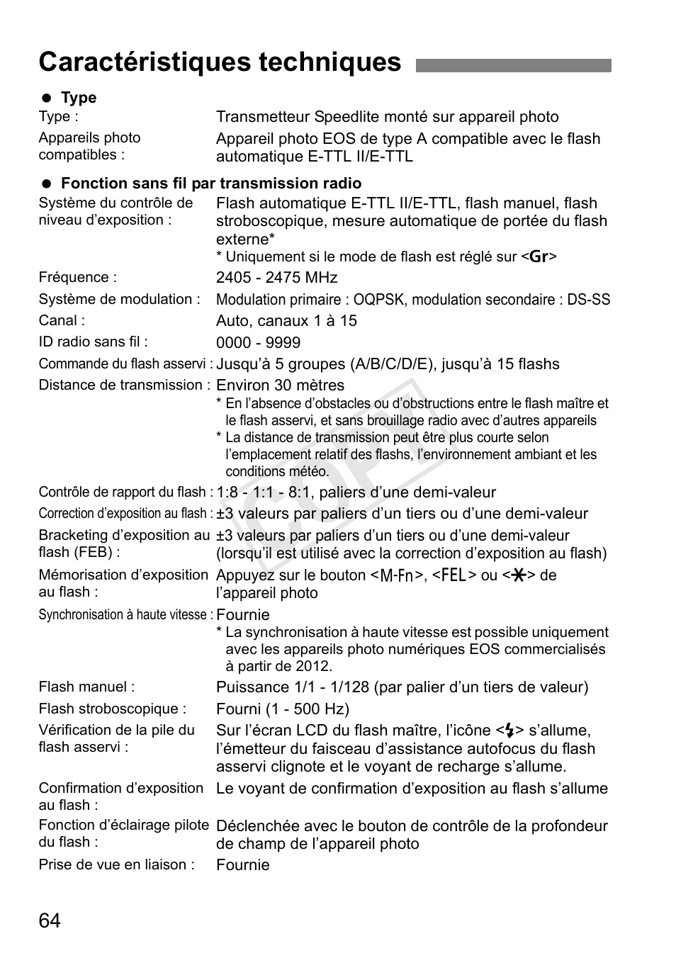 Cop y, Caractéristiques techniques | Canon Speedlite Transmitter ST-E3-RT User Manual | Page 138 / 220