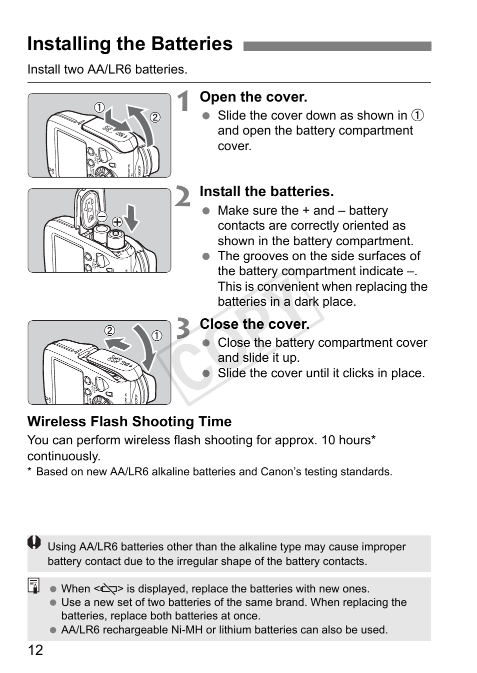 Cop y, Installing the batteries | Canon Speedlite Transmitter ST-E3-RT User Manual | Page 14 / 220