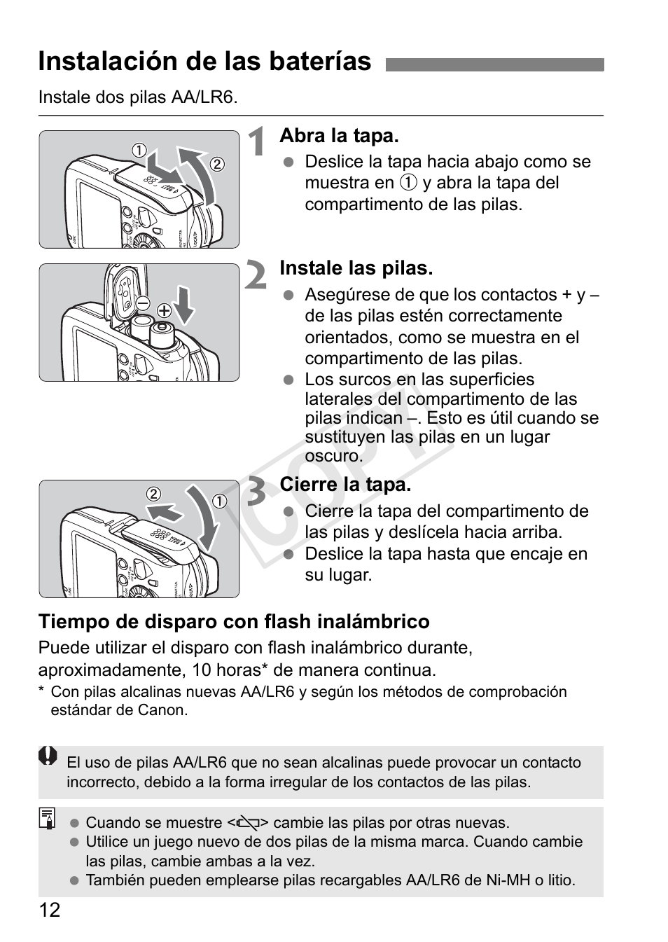Cop y, Instalación de las baterías | Canon Speedlite Transmitter ST-E3-RT User Manual | Page 158 / 220