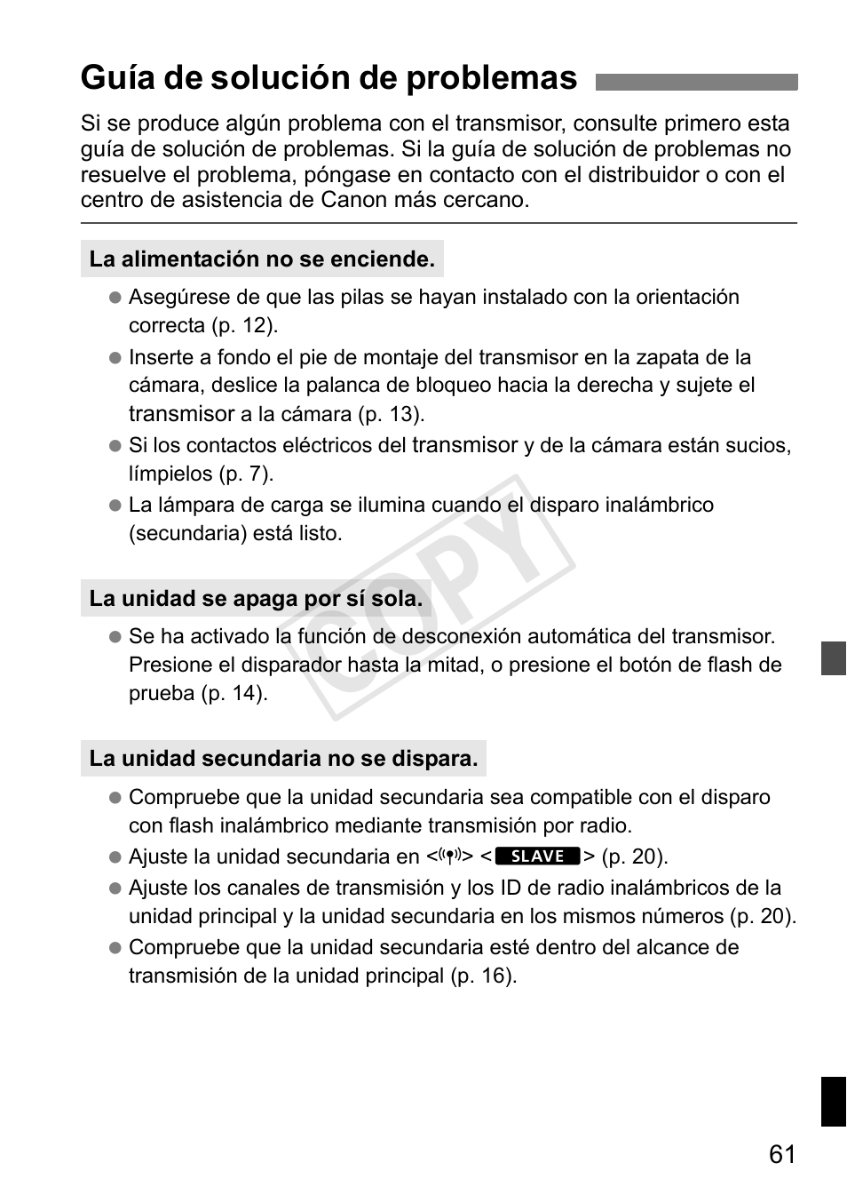 Cop y, Guía de solución de problemas | Canon Speedlite Transmitter ST-E3-RT User Manual | Page 207 / 220