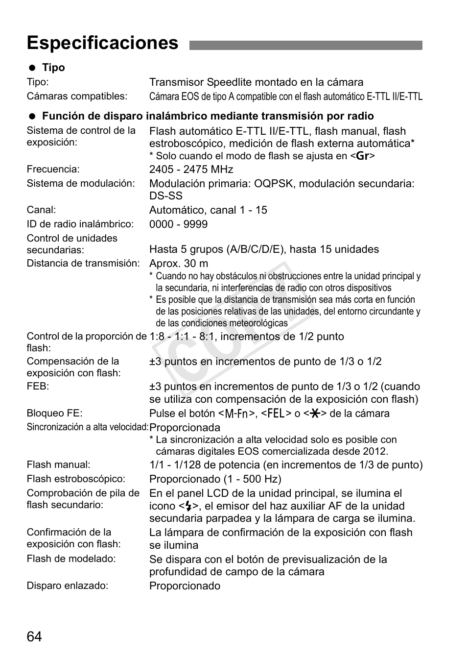 Cop y, Especificaciones | Canon Speedlite Transmitter ST-E3-RT User Manual | Page 210 / 220