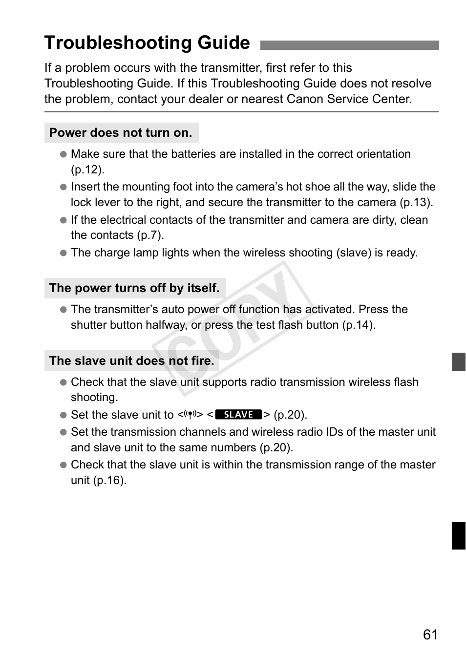 Cop y, Troubleshooting guide | Canon Speedlite Transmitter ST-E3-RT User Manual | Page 63 / 220