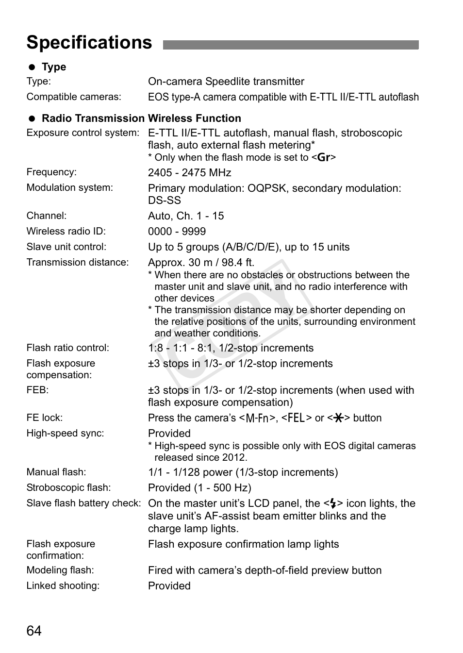 Cop y, Specifications | Canon Speedlite Transmitter ST-E3-RT User Manual | Page 66 / 220