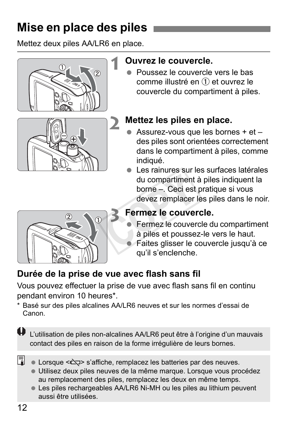 Cop y, Mise en place des piles | Canon Speedlite Transmitter ST-E3-RT User Manual | Page 86 / 220