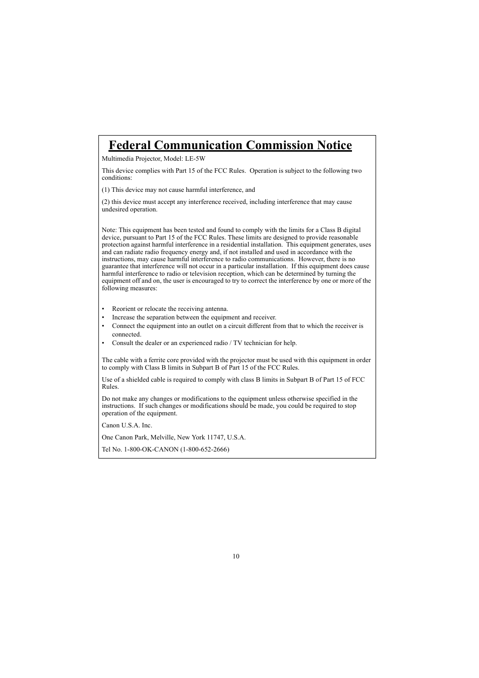 Federal communication commission notice | Canon LE-5W User Manual | Page 10 / 104