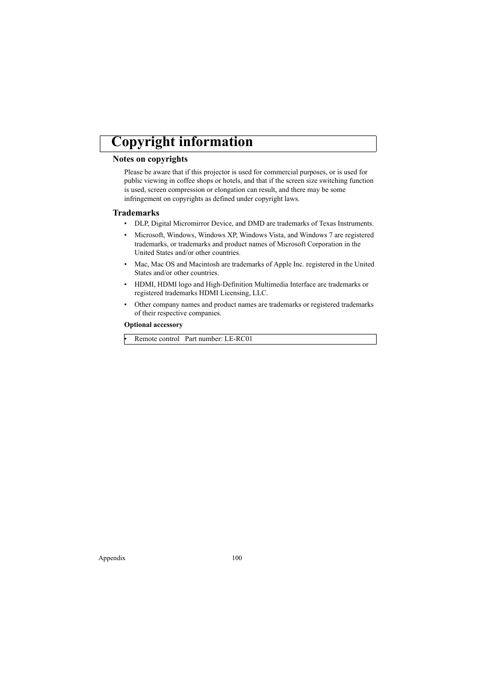 Copyright information, Notes on copyrights, Trademarks | Notes on copyrights trademarks | Canon LE-5W User Manual | Page 100 / 104