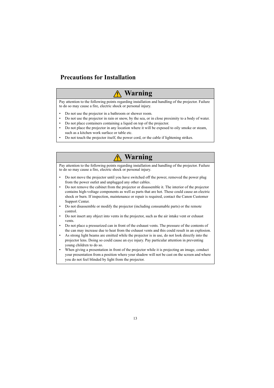 Warning, Precautions for installation | Canon LE-5W User Manual | Page 13 / 104