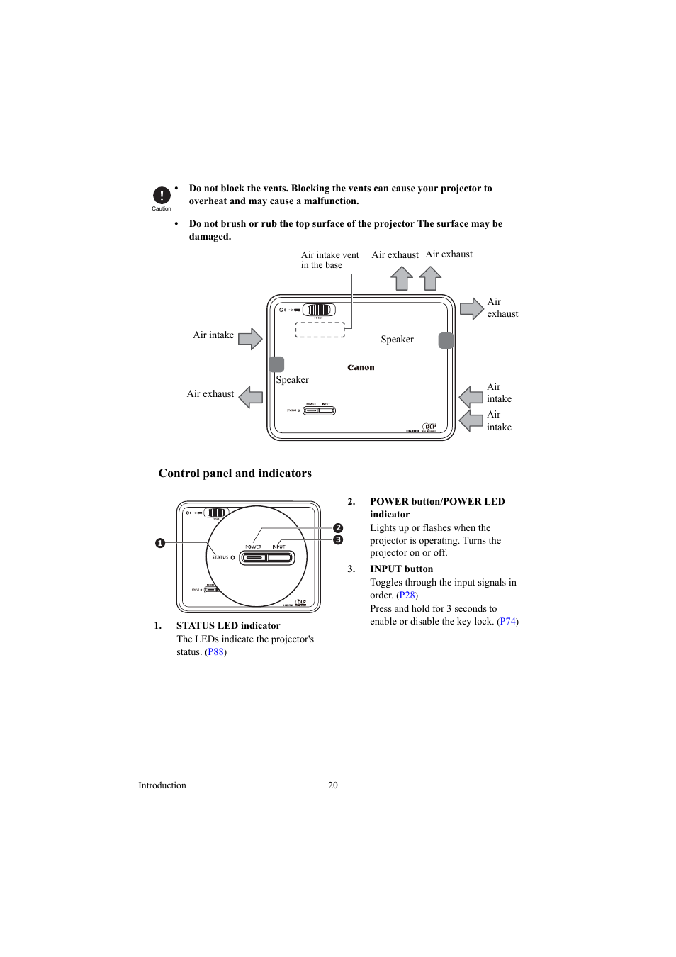 Control panel and indicators | Canon LE-5W User Manual | Page 20 / 104