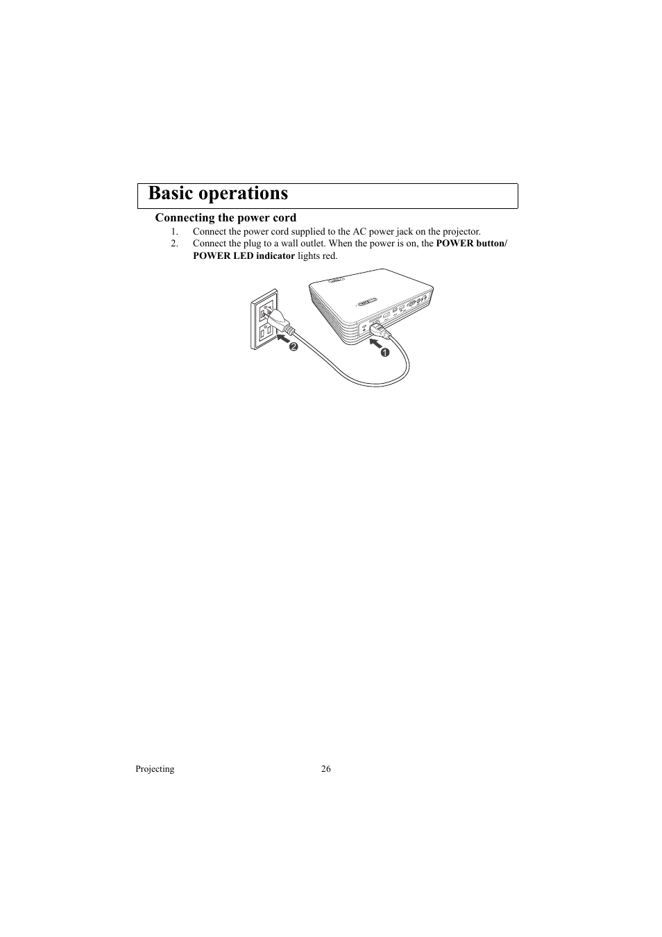 Basic operations, Connecting the power cord, Power jack | Canon LE-5W User Manual | Page 26 / 104