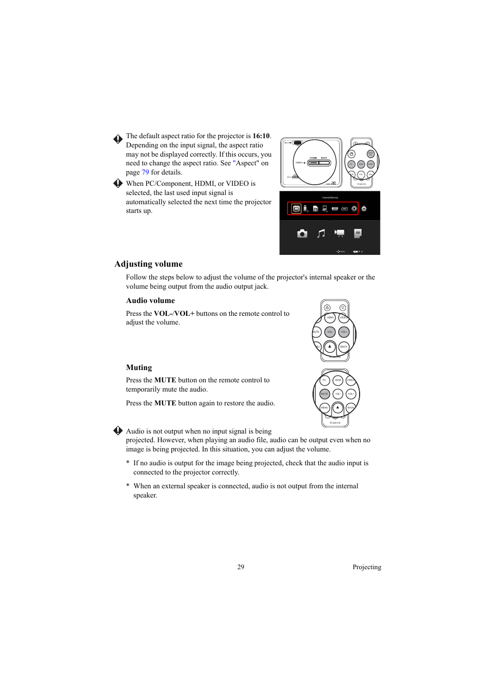 Adjusting volume, Audio volume, Muting | 29 projecting | Canon LE-5W User Manual | Page 29 / 104