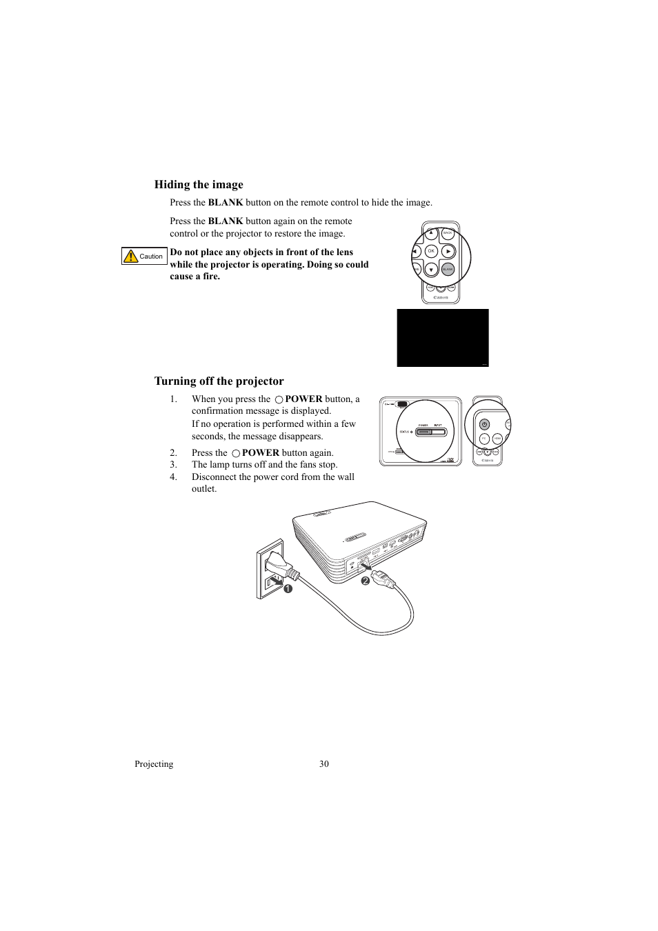 Hiding the image, Turning off the projector, Hiding the image turning off the projector | Canon LE-5W User Manual | Page 30 / 104