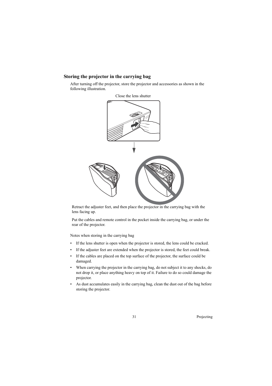 Storing the projector in the carrying bag | Canon LE-5W User Manual | Page 31 / 104