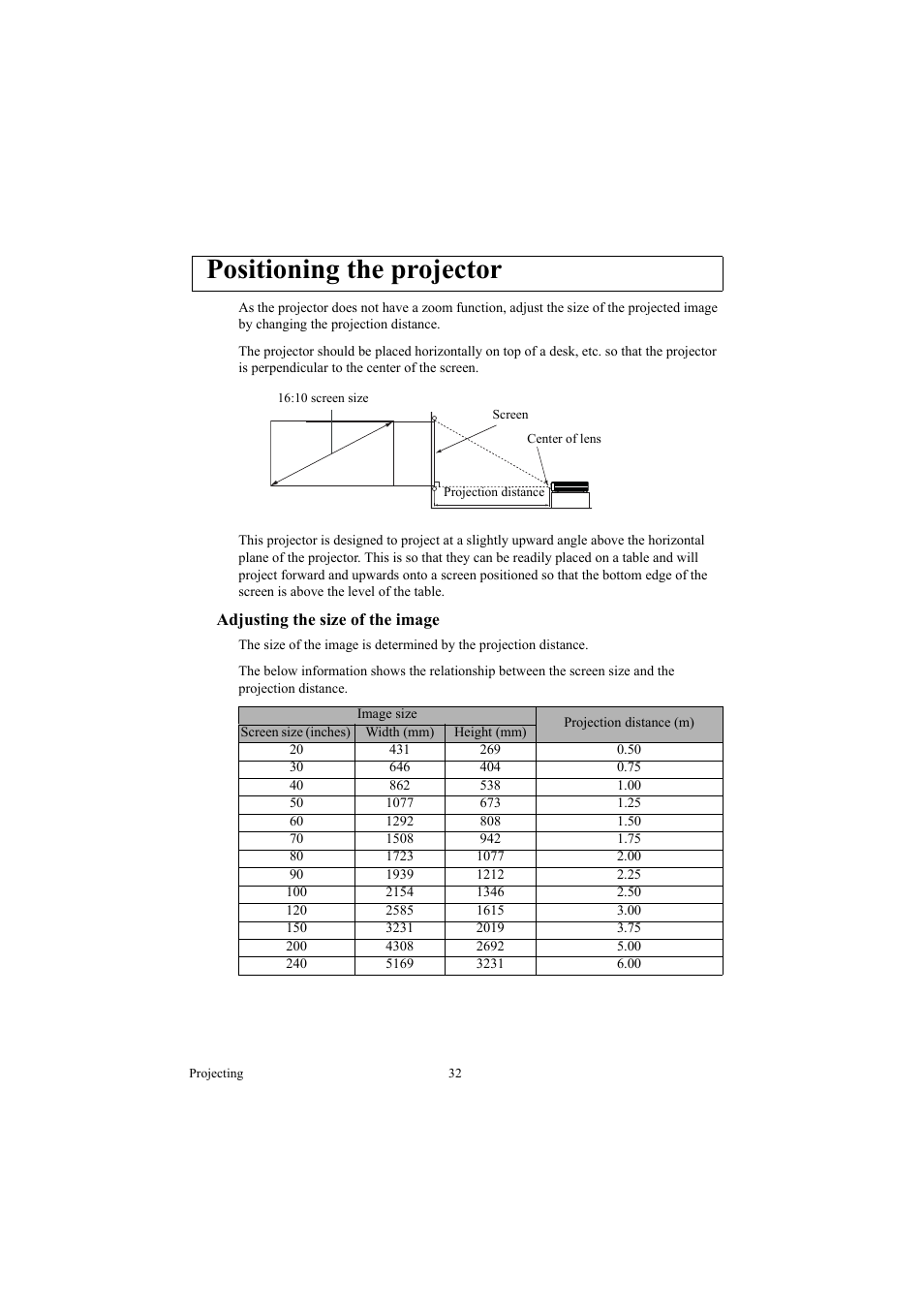 Positioning the projector, Adjusting the size of the image | Canon LE-5W User Manual | Page 32 / 104