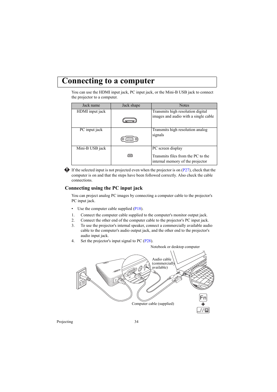 Connecting to a computer, Connecting using the pc input jack, Input jack | P34, p39 | Canon LE-5W User Manual | Page 34 / 104