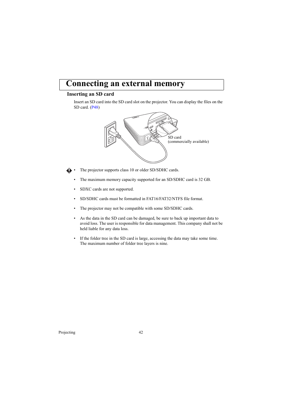 Connecting an external memory, Inserting an sd card, Connecting an external memory . 42 | Canon LE-5W User Manual | Page 42 / 104