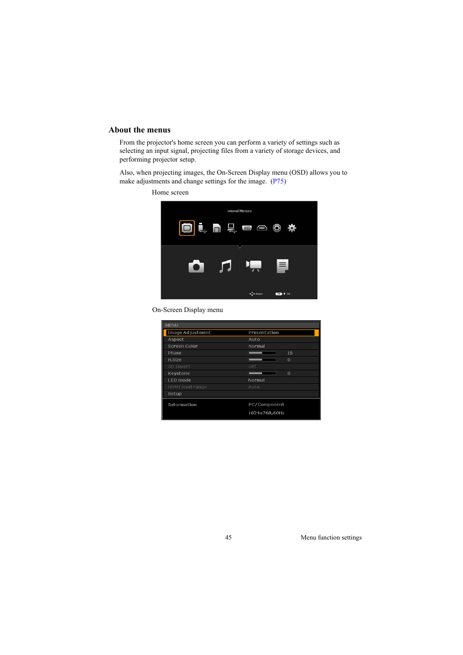 About the menus | Canon LE-5W User Manual | Page 45 / 104