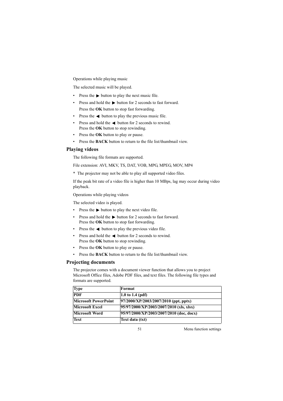 Playing videos, Projecting documents, Playing videos projecting documents | Canon LE-5W User Manual | Page 51 / 104