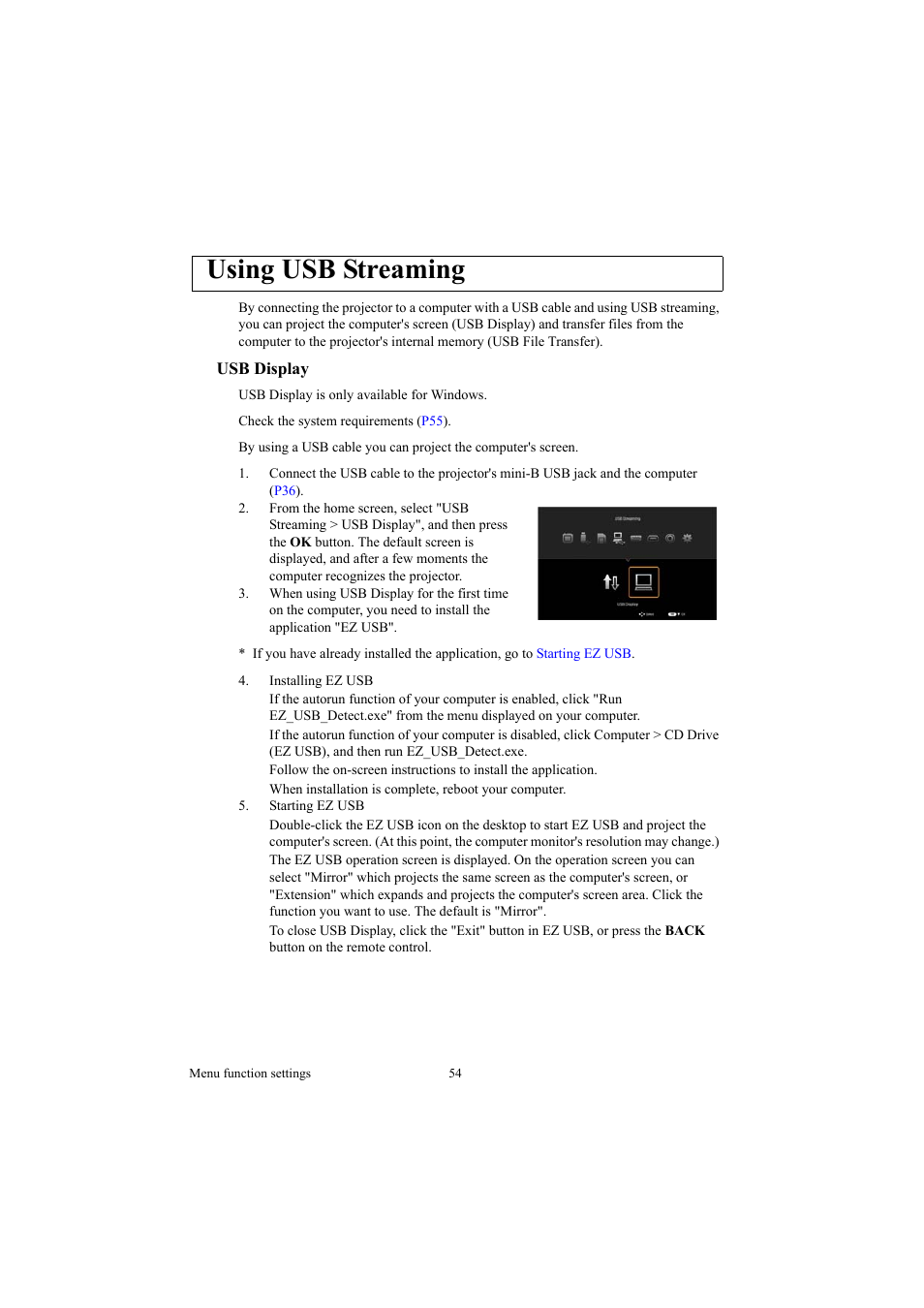 Using usb streaming, Usb display, Reaming | For more | Canon LE-5W User Manual | Page 54 / 104