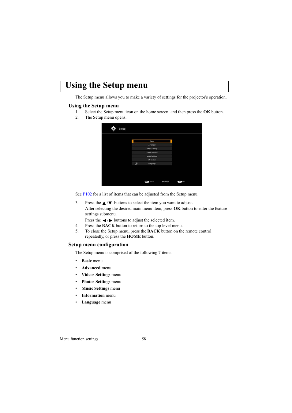 Using the setup menu, Setup menu configuration, Using the setup menu setup menu configuration | Setup | Canon LE-5W User Manual | Page 58 / 104