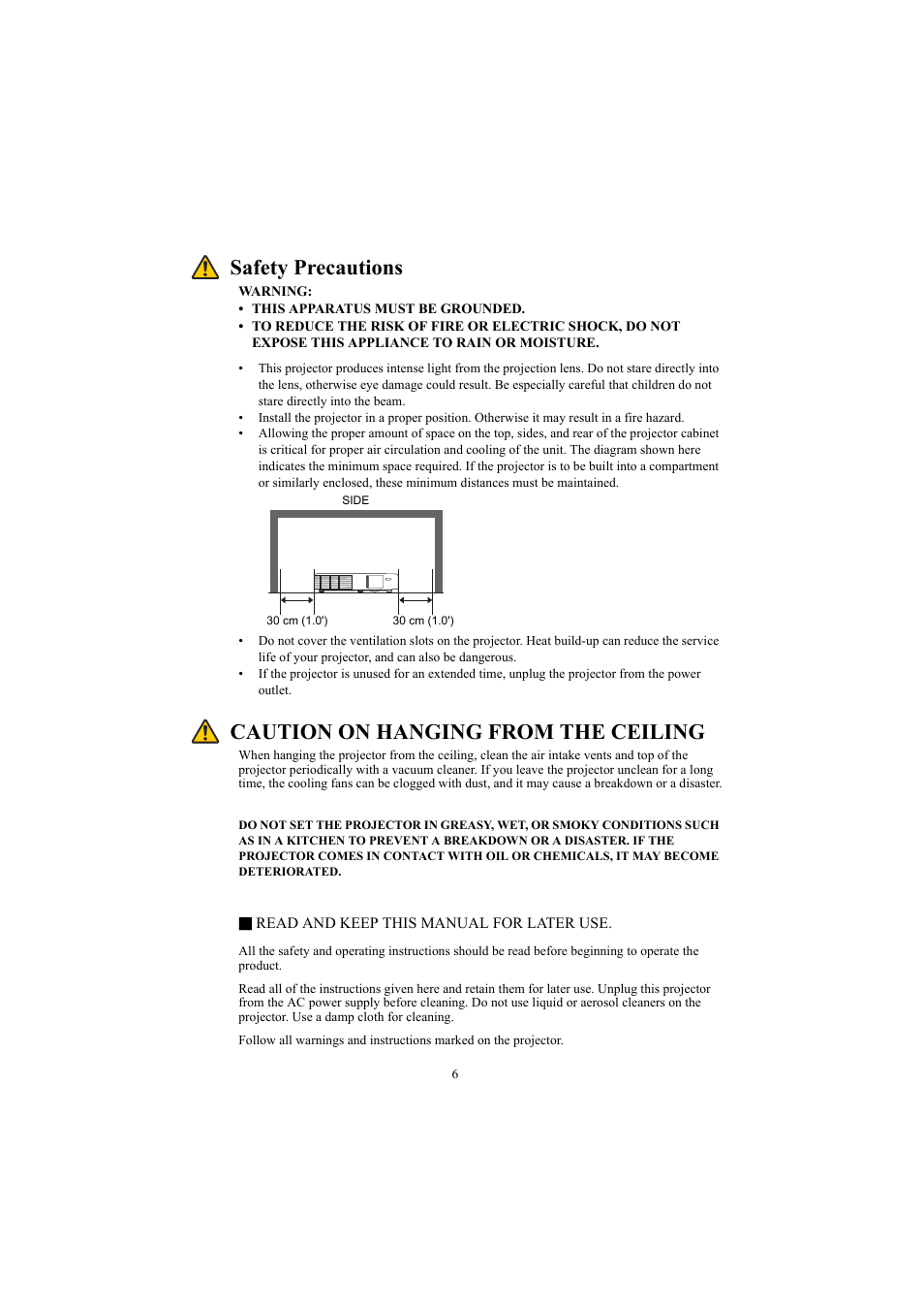 Safety precautions, Caution on hanging from the ceiling | Canon LE-5W User Manual | Page 6 / 104