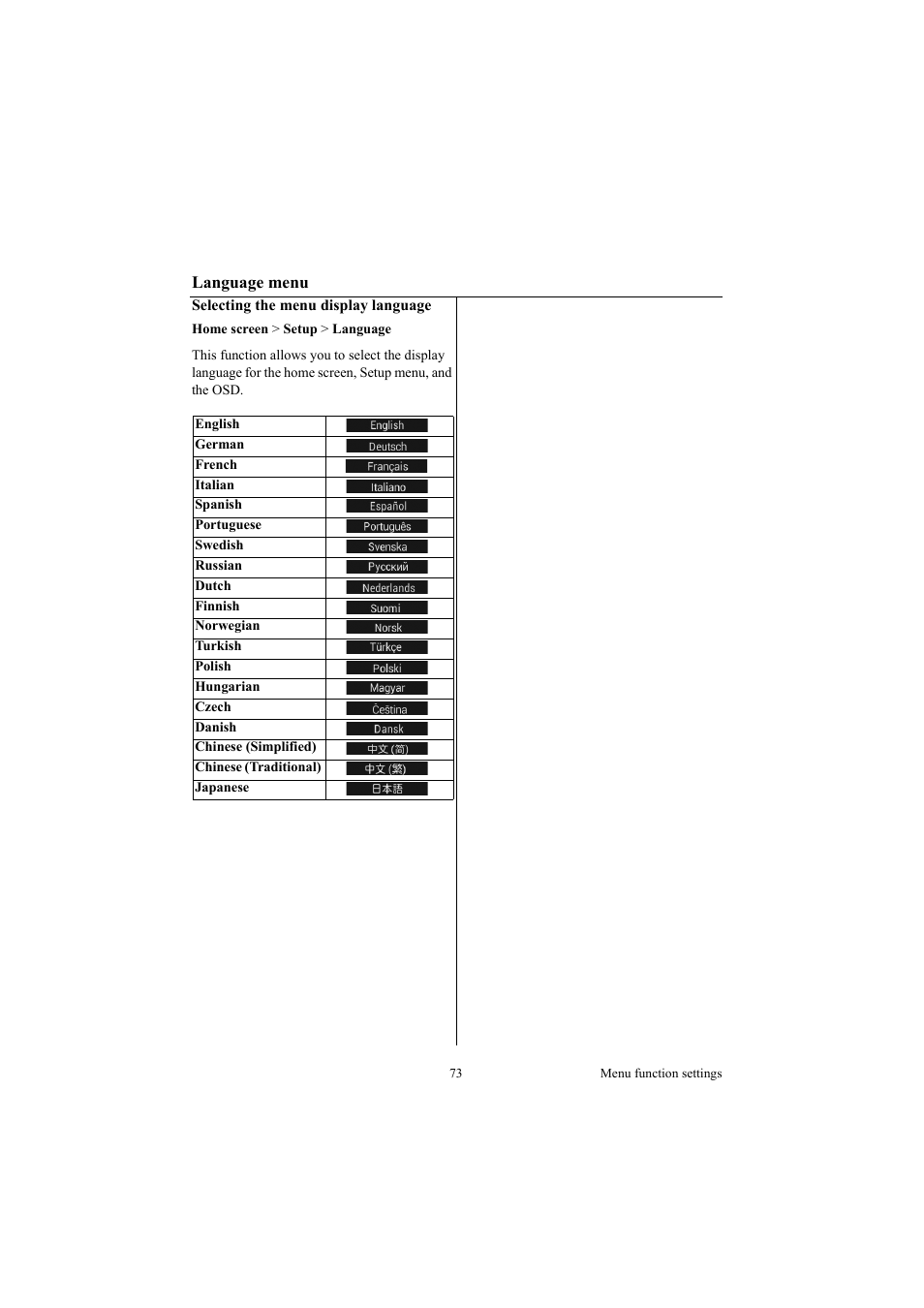 Language menu | Canon LE-5W User Manual | Page 73 / 104