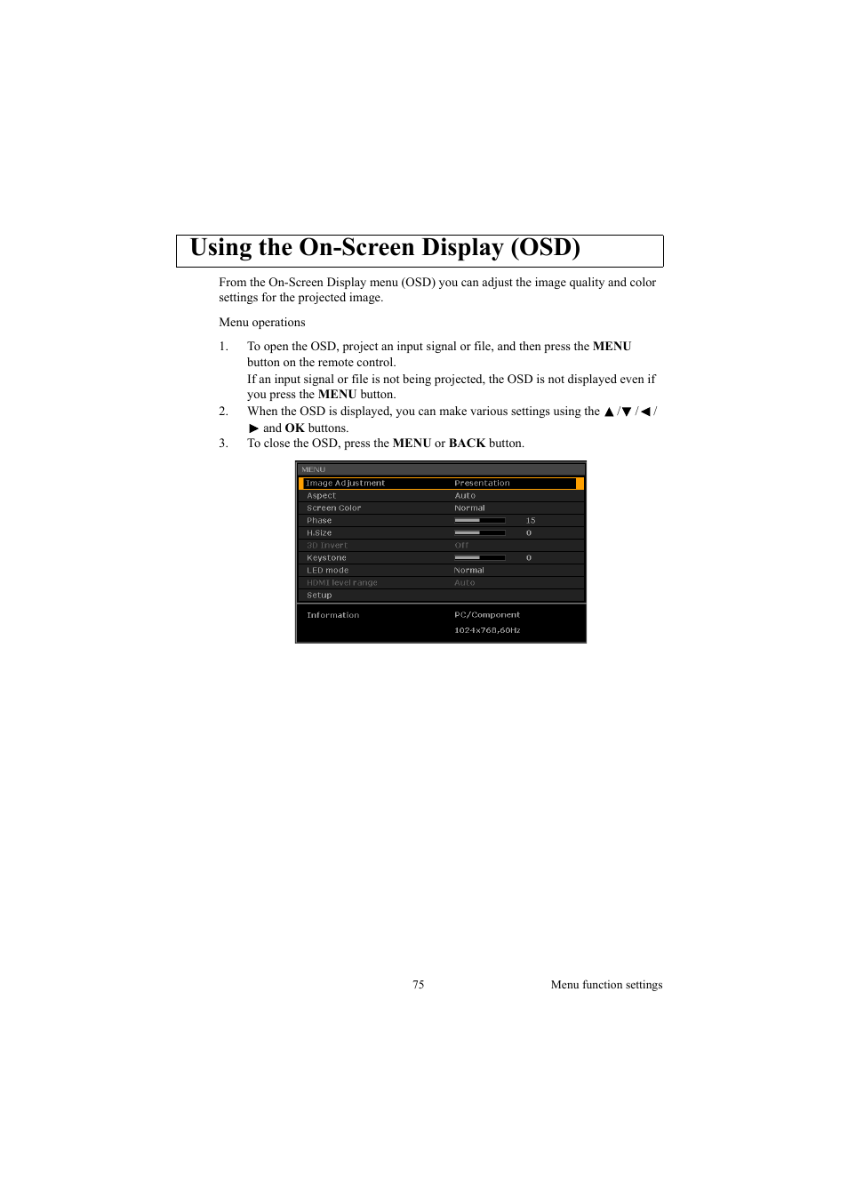 Using the on-screen display (osd) | Canon LE-5W User Manual | Page 75 / 104