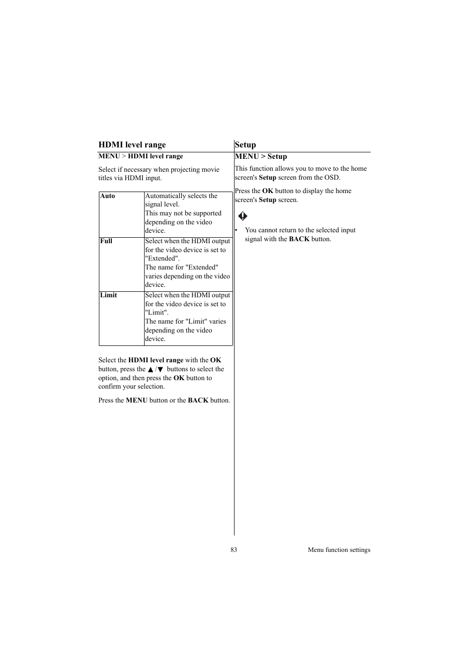 Hdmi level range, Setup, Hdmi level range setup | Canon LE-5W User Manual | Page 83 / 104