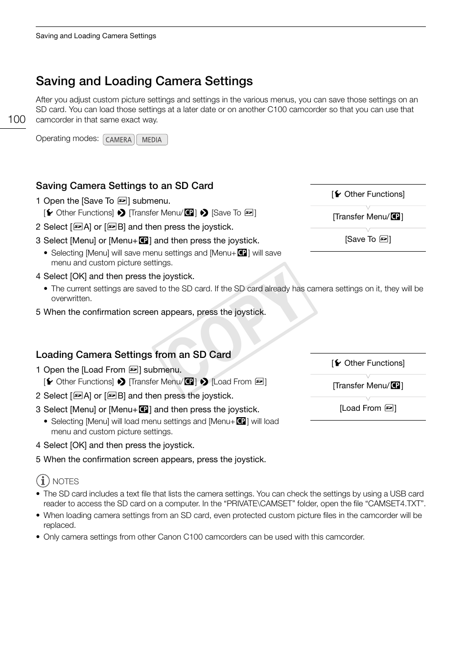 Saving and loading camera settings, Saving camera settings to an sd card, Loading camera settings from an sd card | Saving and loading camera settings 100, Cop y | Canon EOS C100 User Manual | Page 100 / 166