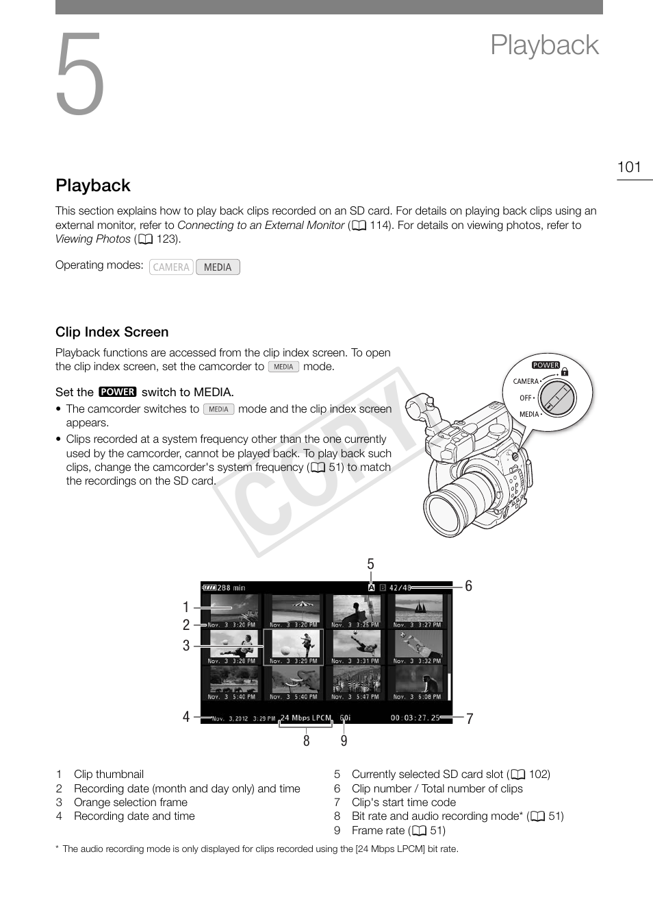 Playback, Clip index screen, Playback 101 | Clip index screen 101, Cop y | Canon EOS C100 User Manual | Page 101 / 166