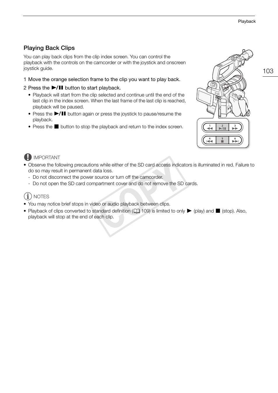Playing back clips, Playing back clips 103, Cop y | Canon EOS C100 User Manual | Page 103 / 166