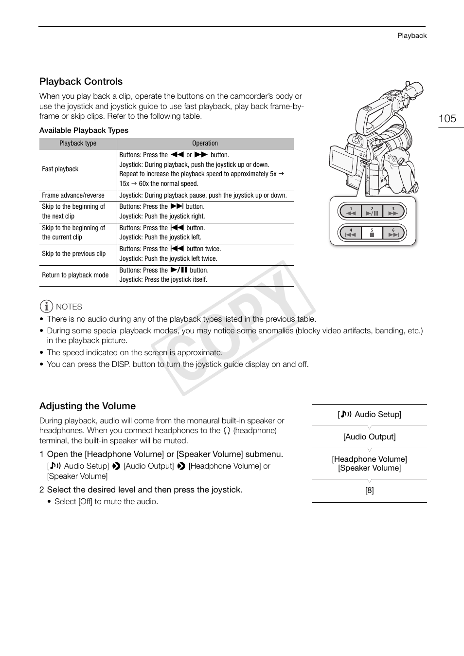 Playback controls, Adjusting the volume, Playback controls 105 adjusting the volume 105 | Cop y | Canon EOS C100 User Manual | Page 105 / 166