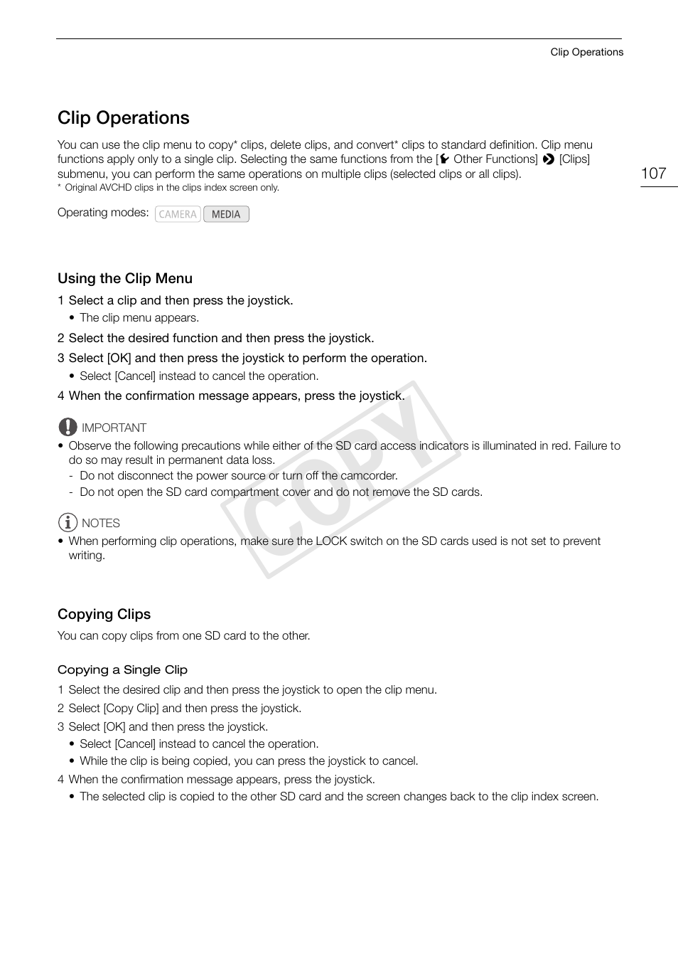 Clip operations, Using the clip menu, Copying clips | Clip operations 107, Using the clip menu 107 copying clips 107, Cop y | Canon EOS C100 User Manual | Page 107 / 166