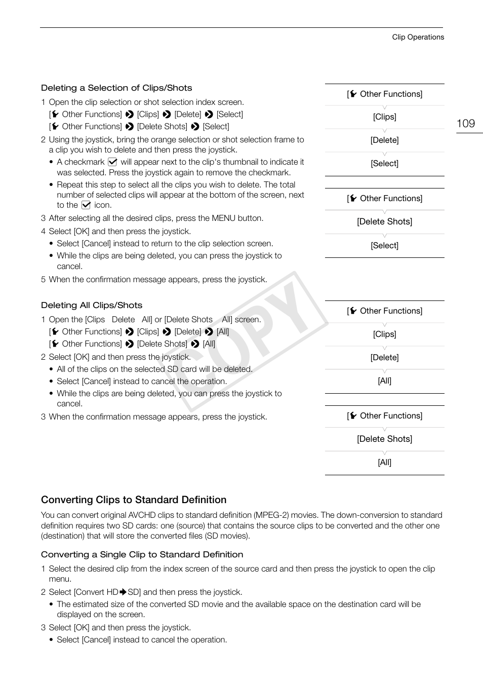 Converting clips to standard definition, 109), and the i, Converting clips to standard definition 109 | Cop y | Canon EOS C100 User Manual | Page 109 / 166