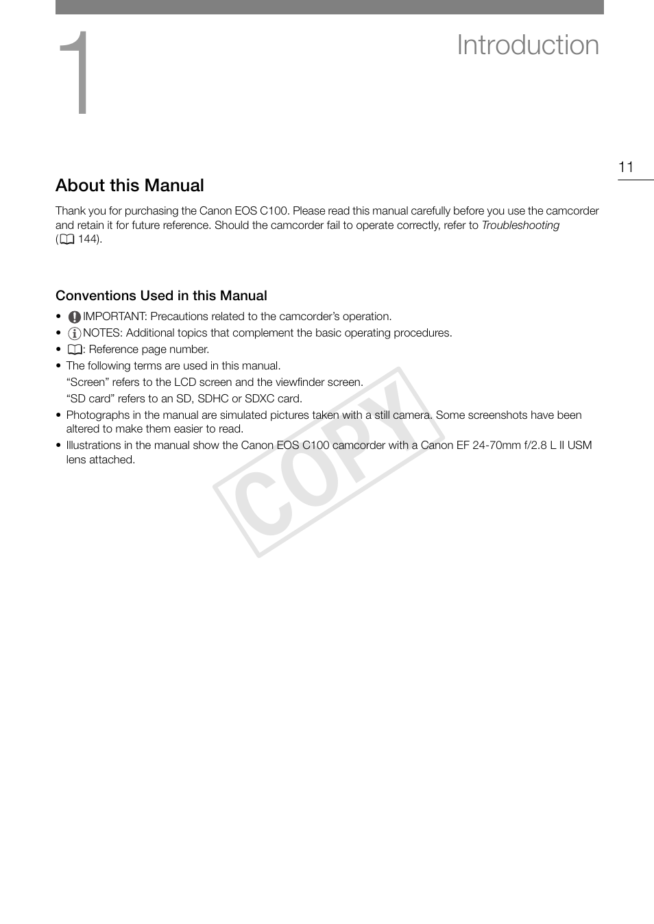 Introduction, About this manual, Conventions used in this manual | Introduction 11, About this manual 11, Conventions used in this manual 11, Cop y | Canon EOS C100 User Manual | Page 11 / 166